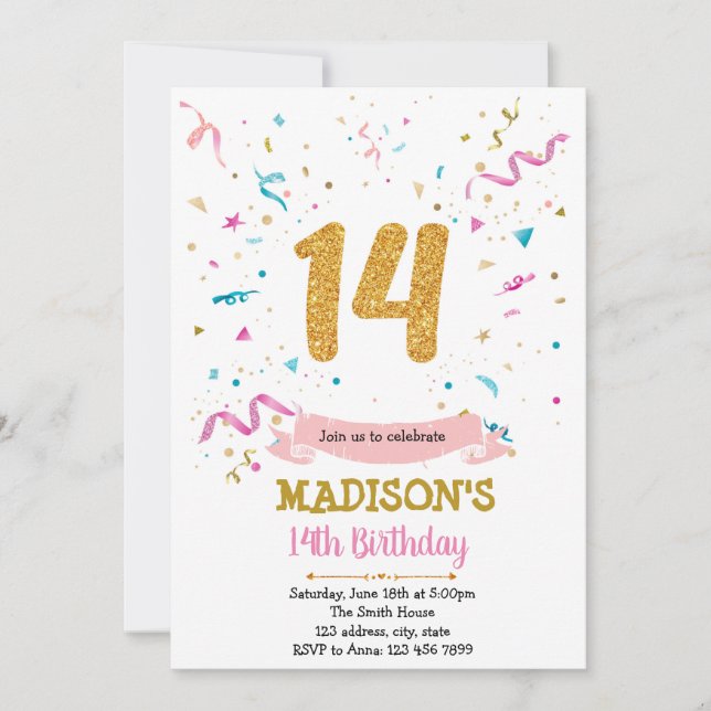 Confetti glitter 14th birthday invitation (Front)