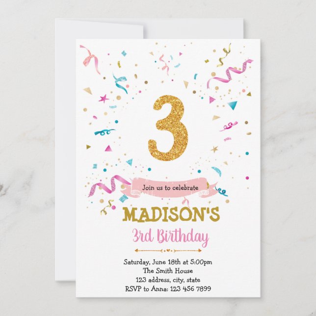Confetti glitter 3rd birthday  invitation (Front)