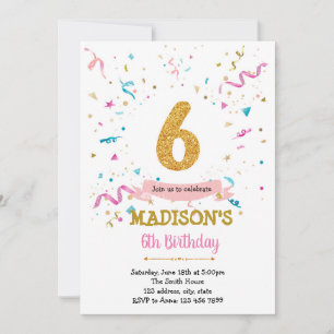 Confetti glitter 6th birthday invitation