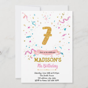Confetti glitter 7th birthday invitation