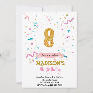 Confetti glitter 8th birthday invitation