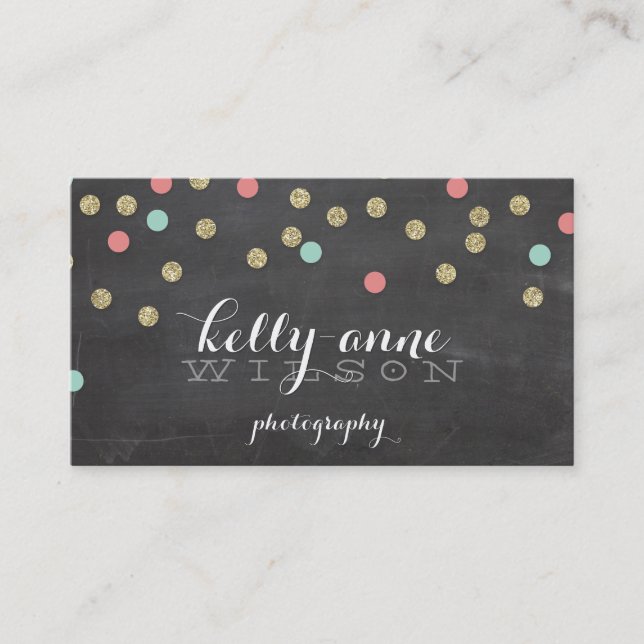CONFETTI GLITTER cute gold coral mint chalkboard Business Card (Front)