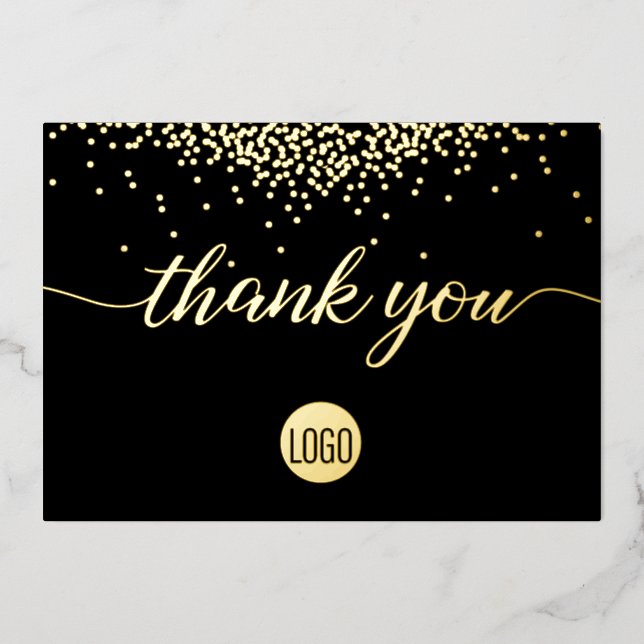 Confetti Gold Black Business logo Thank you  Foil Holiday Card (Front)