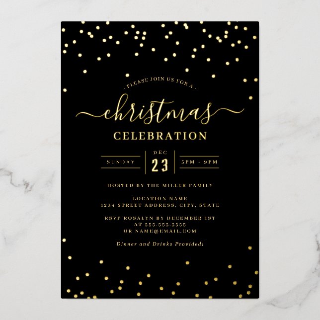 Confetti Gold Black Christmas Party       Foil Invitation (Front)