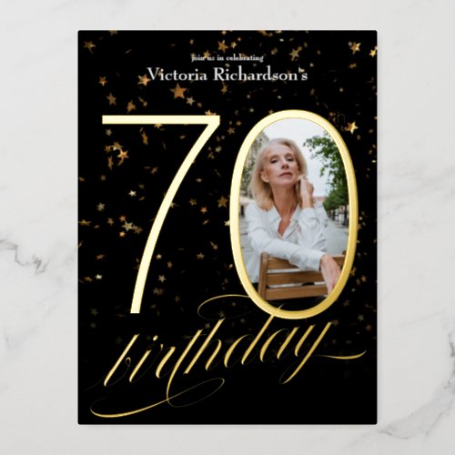 Confetti Gold Black Custom Photo 70th Birthday Foil Invitation Postcard