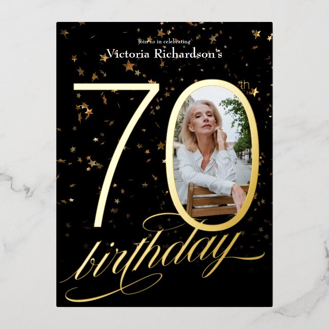 Confetti Gold Black Custom Photo 70th Birthday Foil Invitation Postcard (Front)