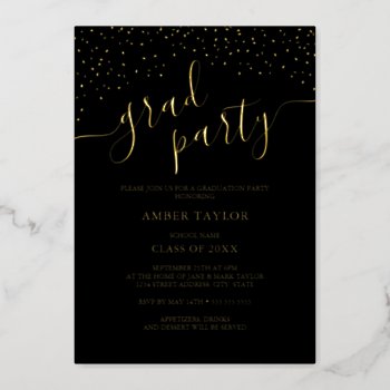 Confetti Gold Black Graduation Party Foil Invitation by LittleBayleigh at Zazzle