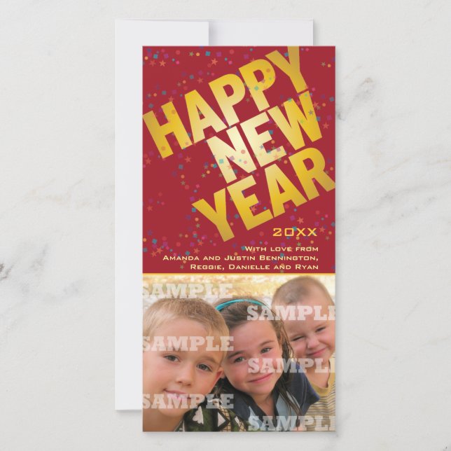 Confetti Gold Celebration New Years Photo Card (Front)