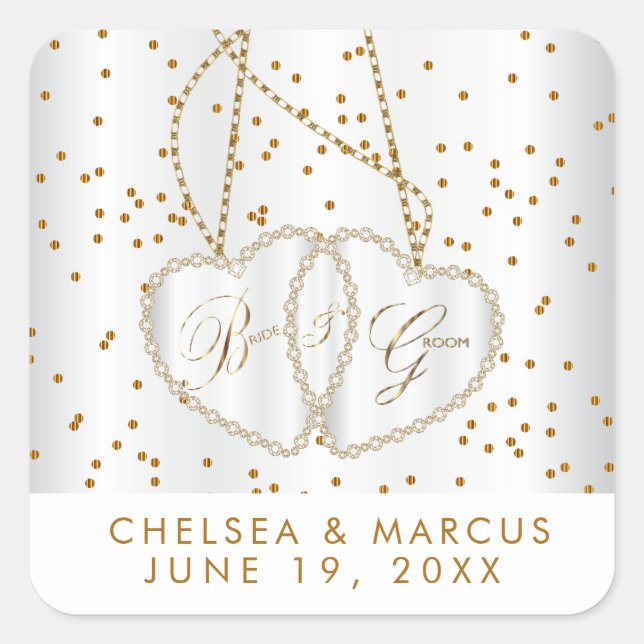 Confetti Gold Dots and Beautiful Diamond Hearts Square Sticker (Front)