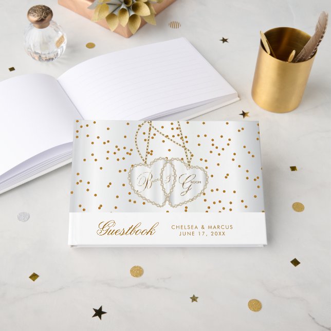 Confetti Gold Dots and Diamond Hearts Guestbook (Front Open)