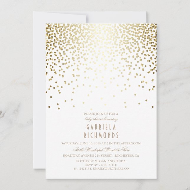 Confetti Gold Elegant Vintage White Baby Shower Invitation (Front)