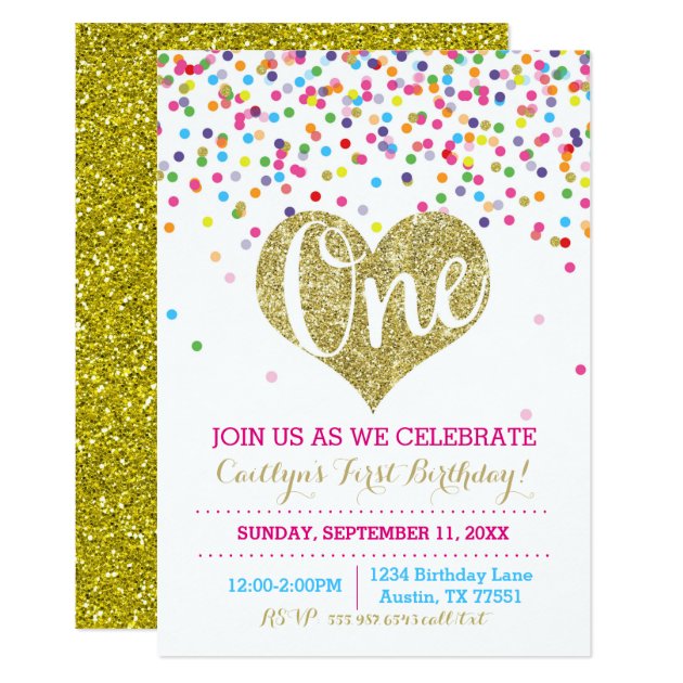 Confetti Gold Glitter First Birthday Invitation