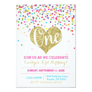 Confetti Gold Glitter First Birthday Invitation