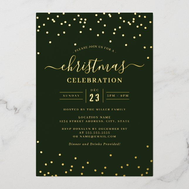 Confetti Gold Green Christmas Party       Foil Invitation (Front)