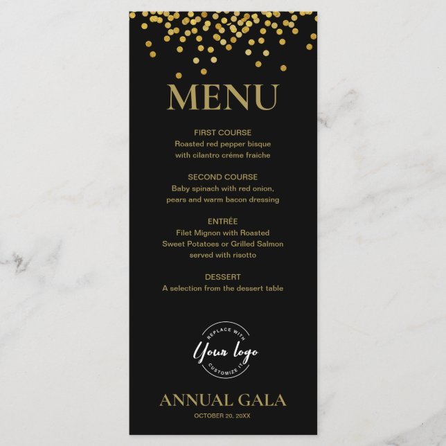 Confetti Gold on Black Annual Gala Company Elegant Menu (Front)