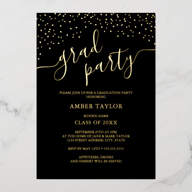 Confetti Gold Photo Graduation Party Foil Invitation (Front)