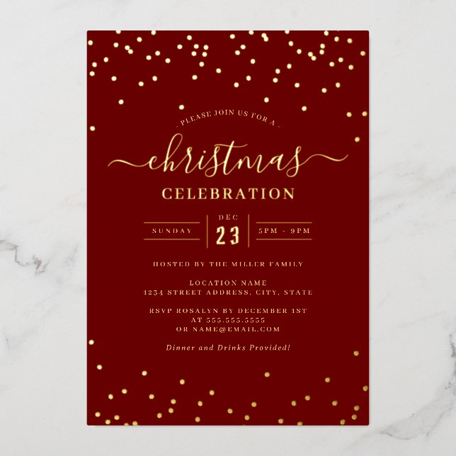 Confetti Gold Red Christmas Party       Foil Invitation (Front)