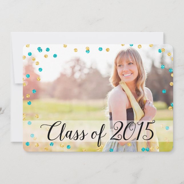 Confetti Gold Teal Blue Photo 2015 Graduation Invitation (Front)