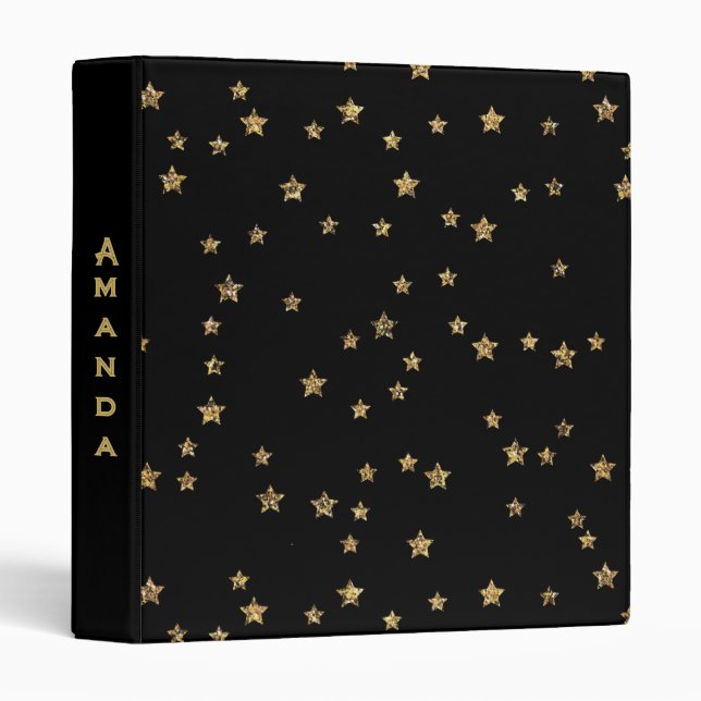 Confetti golden stars glitter shine elegant black 3 ring binder (Front/Spine)