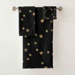 Confetti golden stars glitter shine elegant black bath towel set