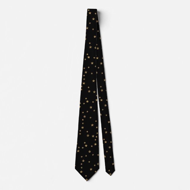 Confetti golden stars glitter shine elegant black neck tie (Front)