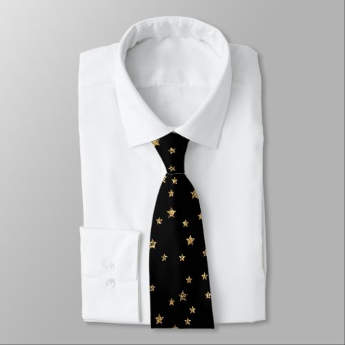 Confetti golden stars glitter shine elegant black  neck tie