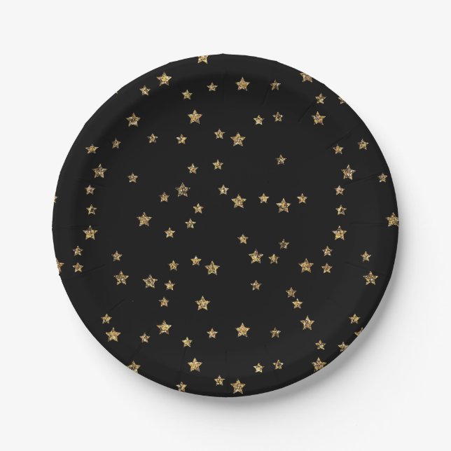 Confetti golden stars glitter shine elegant black  paper plates (Front)