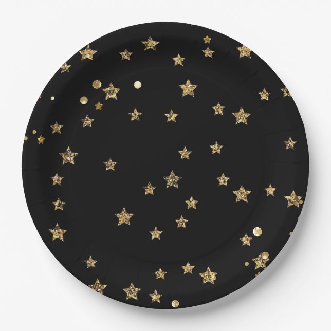 Confetti golden stars glitter shine elegant black paper plates (Front)