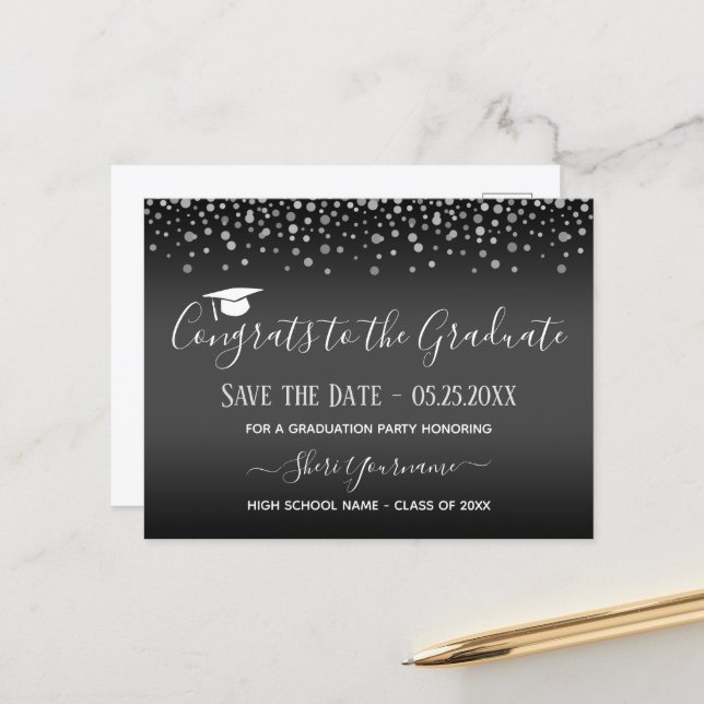 Confetti Graduation Party Save the Date Invitation Postcard (Front/Back In Situ)