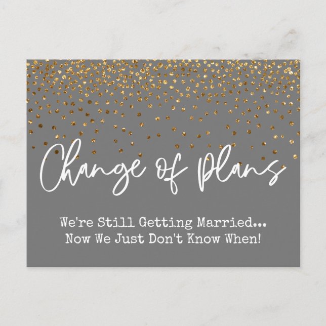 Confetti Gray Change of Plan Postponed Wedding Postcard (Front)