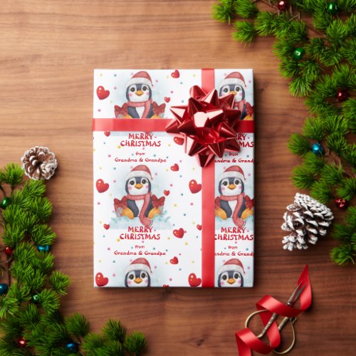 Confetti Heart Penguin Grandkids Christmas Wrapping Paper