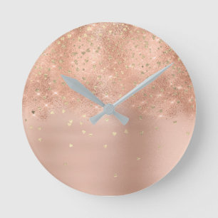 Confetti Heart Spark Glitter Rose Gold Blush Pink Round Clock