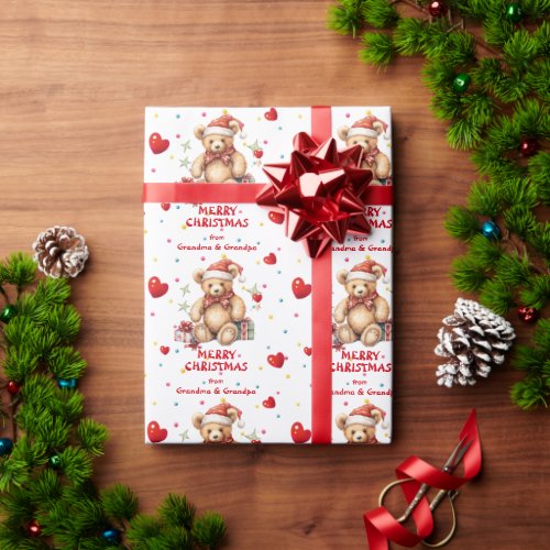 Confetti Heart Teddy Bear Grandkids Christmas Wrapping Paper