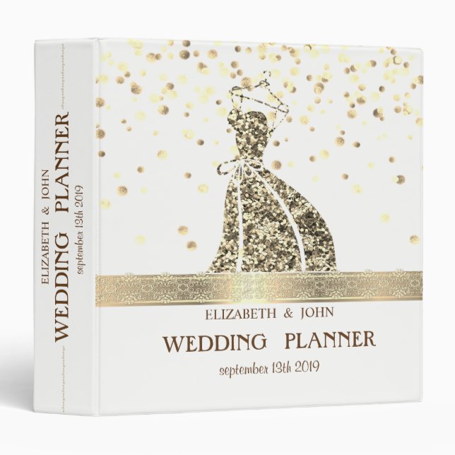 Confetti, Lace,Gold Glitter Dress  Bridal Planner 3 Ring Binder (Front/Spine)