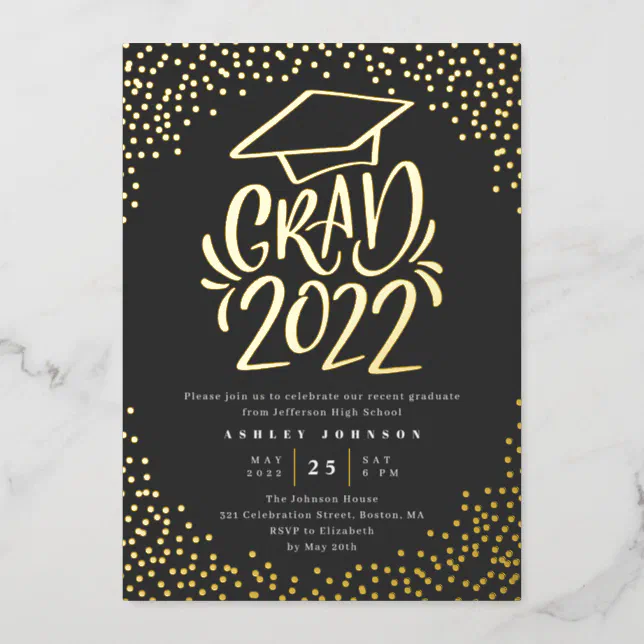 Confetti Lettered Grad 2022 Graduation Party Black Foil Invitation | Zazzle