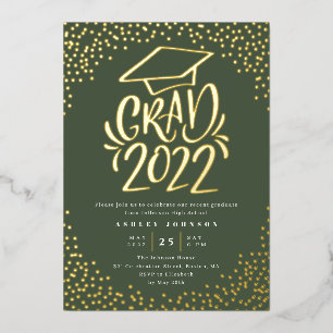 Confetti Lettered Grad 2022 Graduation Party Green Foil Invitation