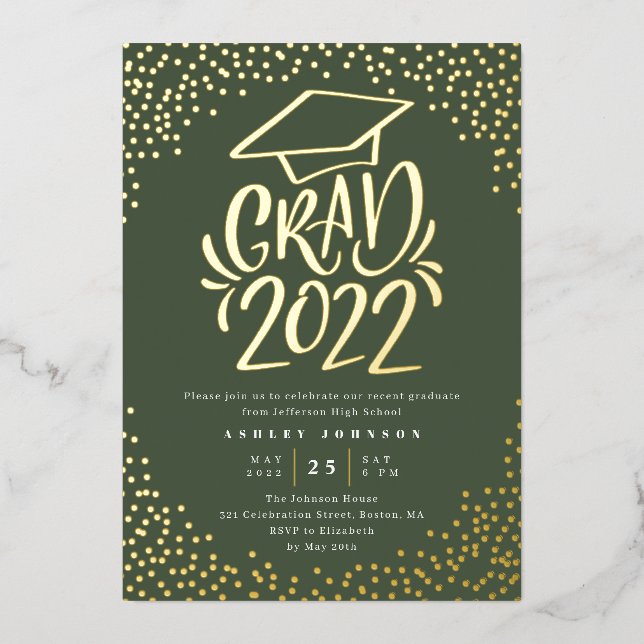 Confetti Lettered Grad 2022 Graduation Party Green Foil Invitation (Front)