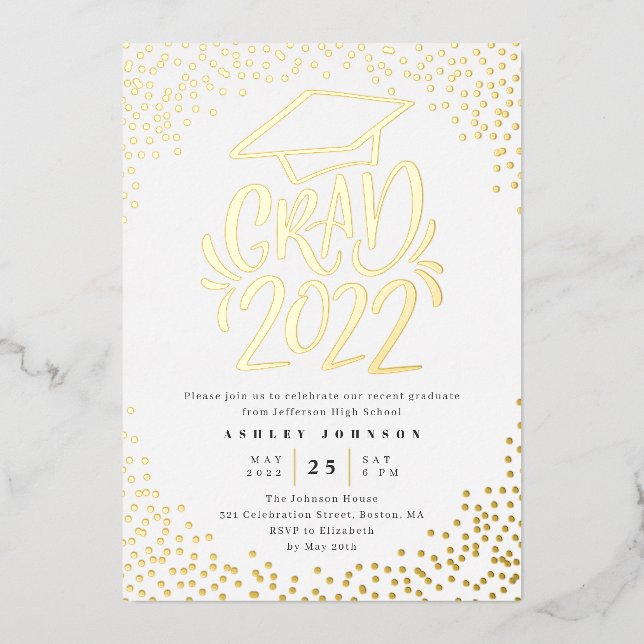 Confetti Lettered Grad 2022 Graduation Party White Foil Invitation (Front)