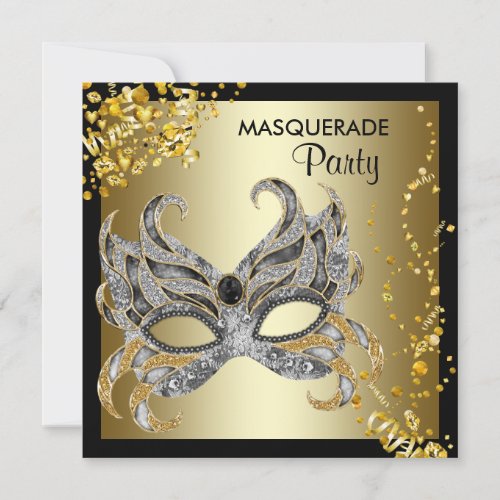 Confetti Mask Black Gold Masquerade Party Invitation
