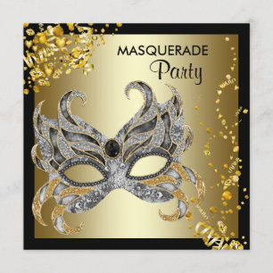 Confetti Mask Black Gold Masquerade Party Invitation