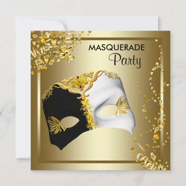 Confetti Mask Black Gold Masquerade Party Invitation (Front)