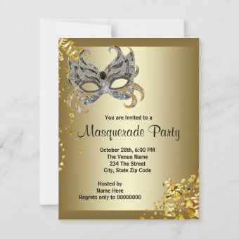 Confetti Mask Silver and Gold Masquerade Party Invitation | Zazzle