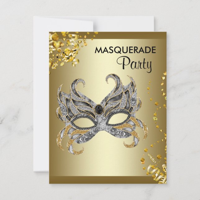 Confetti Mask Silver and Gold Masquerade Party Invitation (Front)