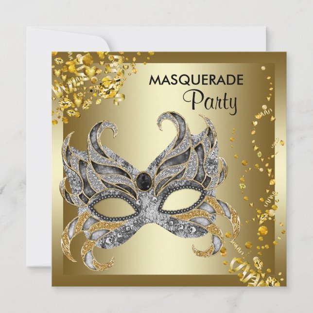 Confetti Mask Silver Gold Masquerade Party Invitation (Front)