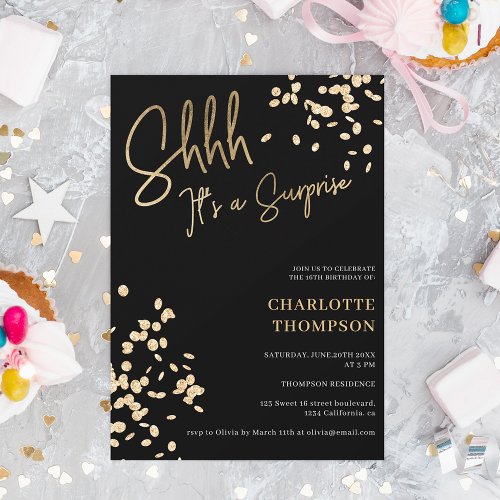 Confetti modern gold black photo surprise Sweet 16 Invitation