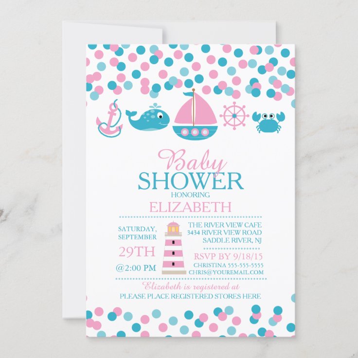 Confetti Nautical Girls Baby Shower Invitation Zazzle