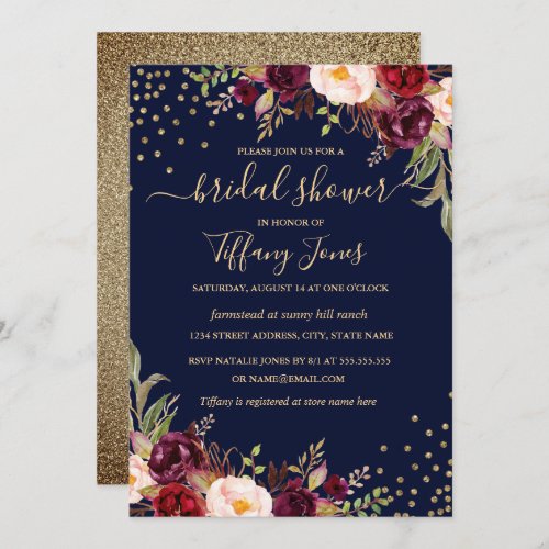 Confetti Navy Burgundy Gold Floral Bridal Shower Invitation