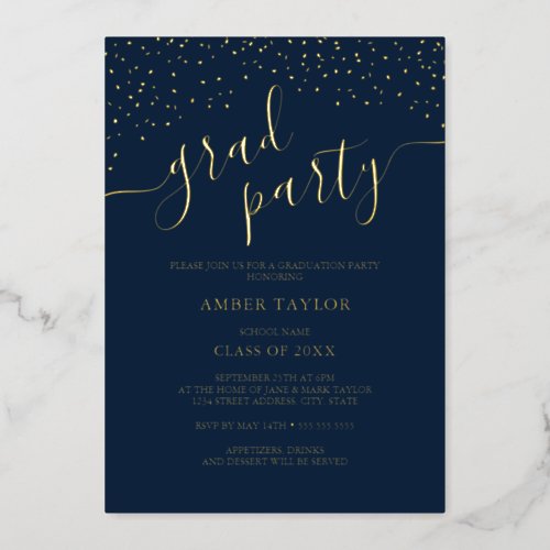 Confetti Navy Gold Graduation Party Foil Invitation