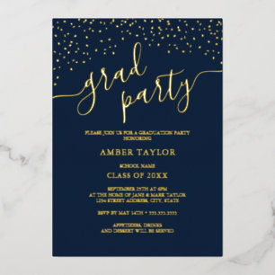 Confetti Navy Gold Photo Graduation Party Foil Invitation