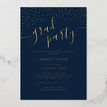 Confetti Navy Gold Photo Graduation Party Foil Invitation by LittleBayleigh at Zazzle
